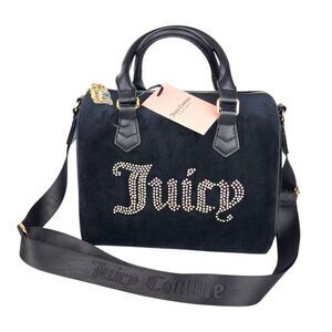 Juicy Couture Bag Obsession Satchel Black Velour Velvet Rhinestone Purse Handbag